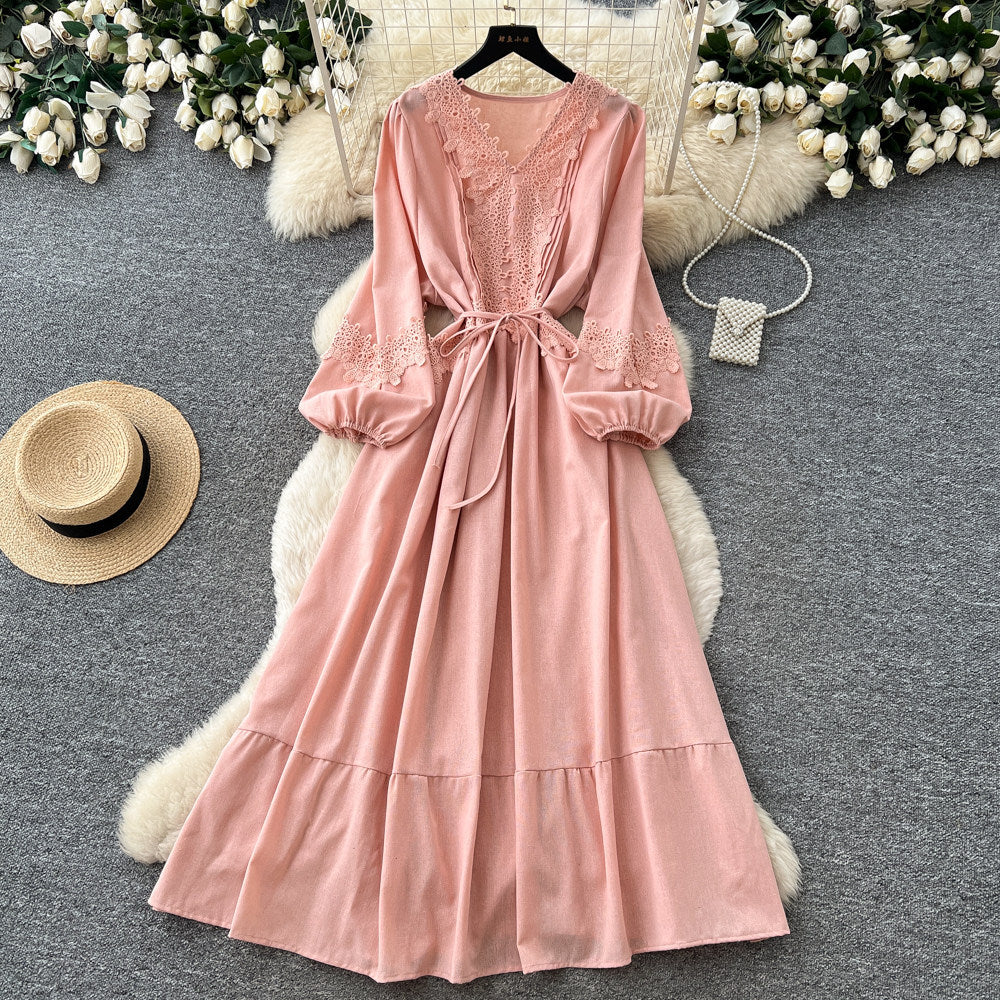 French chic lantern sleeve crochet embroidered dress - women's summer korean style tie-waist a-line maxi dress