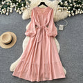 French chic lantern sleeve crochet embroidered dress - women's summer korean style tie-waist a-line maxi dress