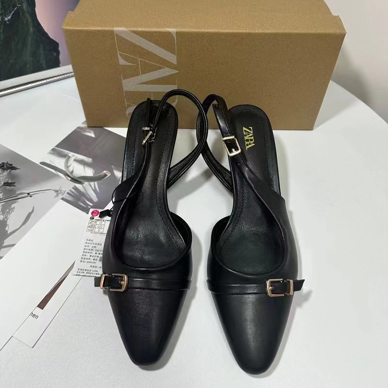 Za new 2024 european and american fashion chunky heel square toe low-cut hollow-out back strap buckle fashion sandals for women