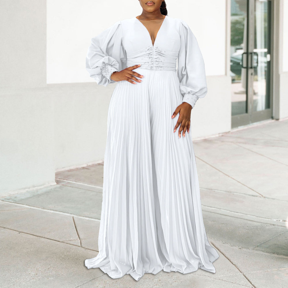 C8603 european and american plus size women's clothing  autumn/winter new long sleeve beaded sexy wide leg pleated african jumpsuit