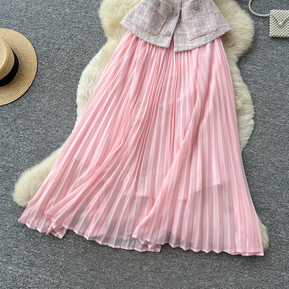 Xiaoxiangfengsequin round neck pleatedpatchworkdress women's summerclassy waist slimming lookpleated long skirt work clothing