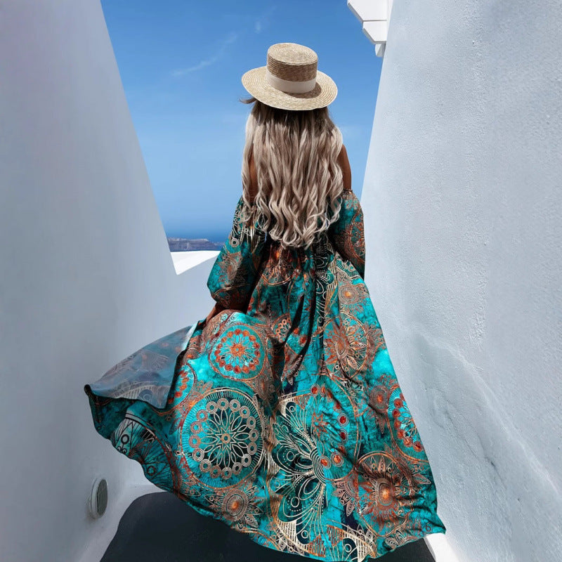 Aliexpress new arrival: off-the-shoulder long sleeve bandeau printed maxi dress