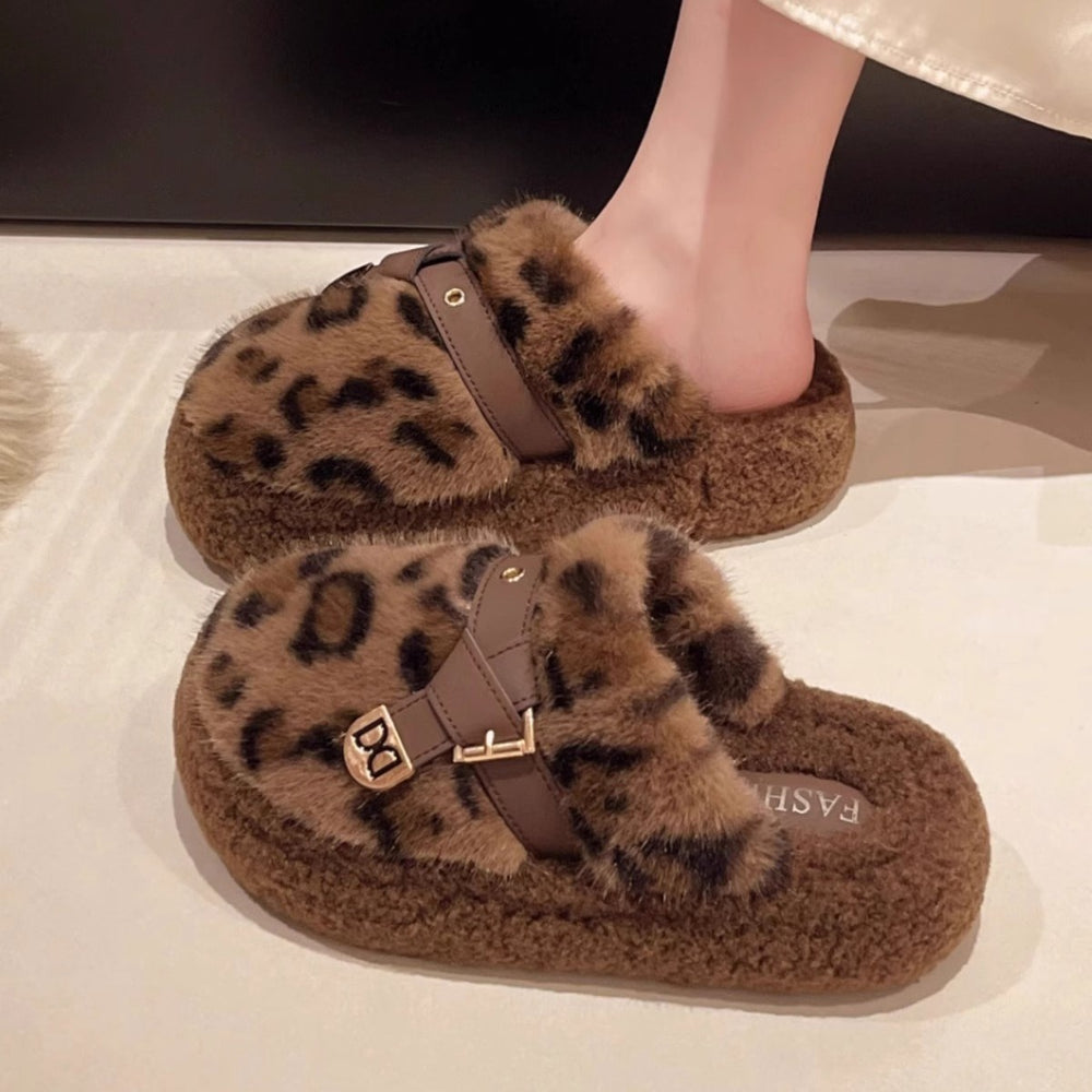 Everyday leopard print fuzzy slippers - winter's hottest trend! stylish round-toe leopard print cotton slippers, chic and non-slip