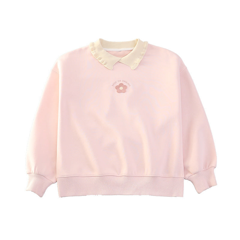 Girls' spring/autumn sweatshirt -  new style, chic and trendy polo collar floral top, loose fit base layer, fashionable
