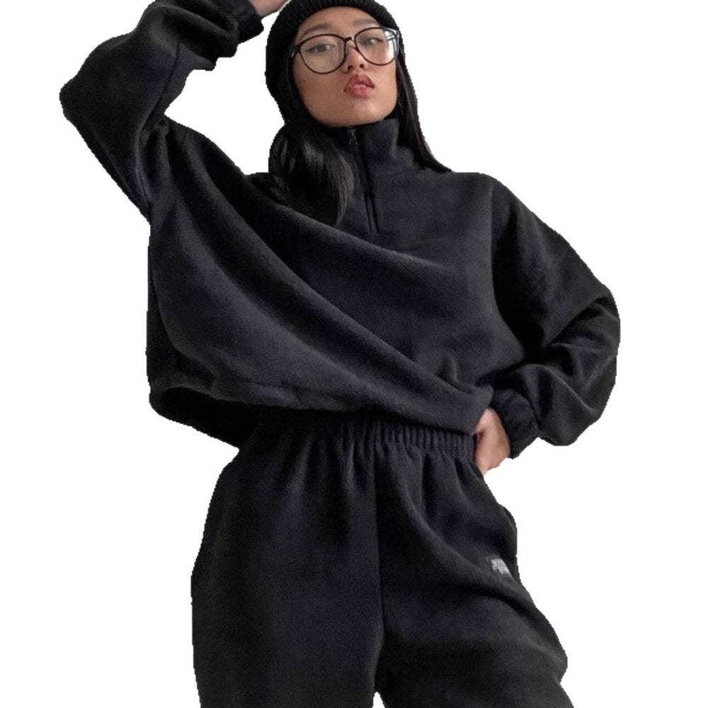 2025 spring/autumn hot-selling new women's amazon fashion solid color loose zip-up stand collar hoodie casual 2-piece set