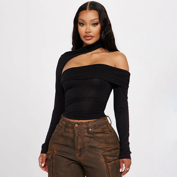 Women's Solid Color Off-Shoulder Top Fashion Street Design Irregular Hollow Neck Long Sleeve T-Shirt Autumn