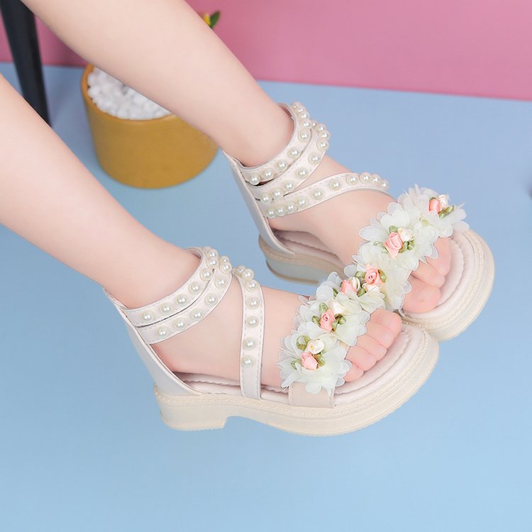 Children's beach shoes breathable summer girls flowers sweet cute sandals soft-soled Roman shoes middle older children princess shoes