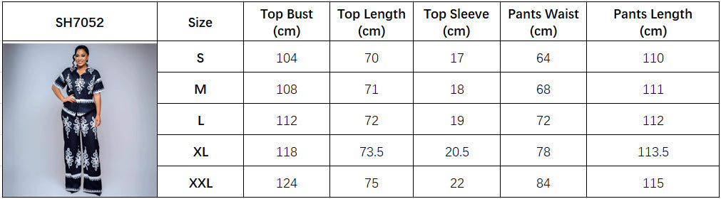 European and American large-size women's clothing short-sleeved lapel positioning printed cardigan shirt African loose foreign style high waist trousers set