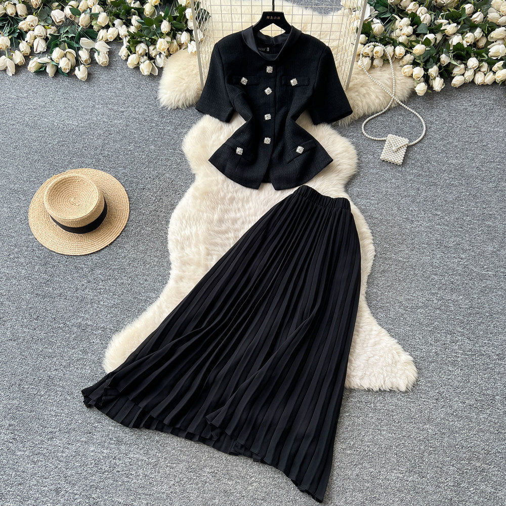 export tweed style short-sleeved stand-up collar topspleated skirttwo-piece setfemale spring and summerwork clothingeleganceelegantsuit