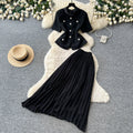 export tweed style short-sleeved stand-up collar topspleated skirttwo-piece setfemale spring and summerwork clothingeleganceelegantsuit
