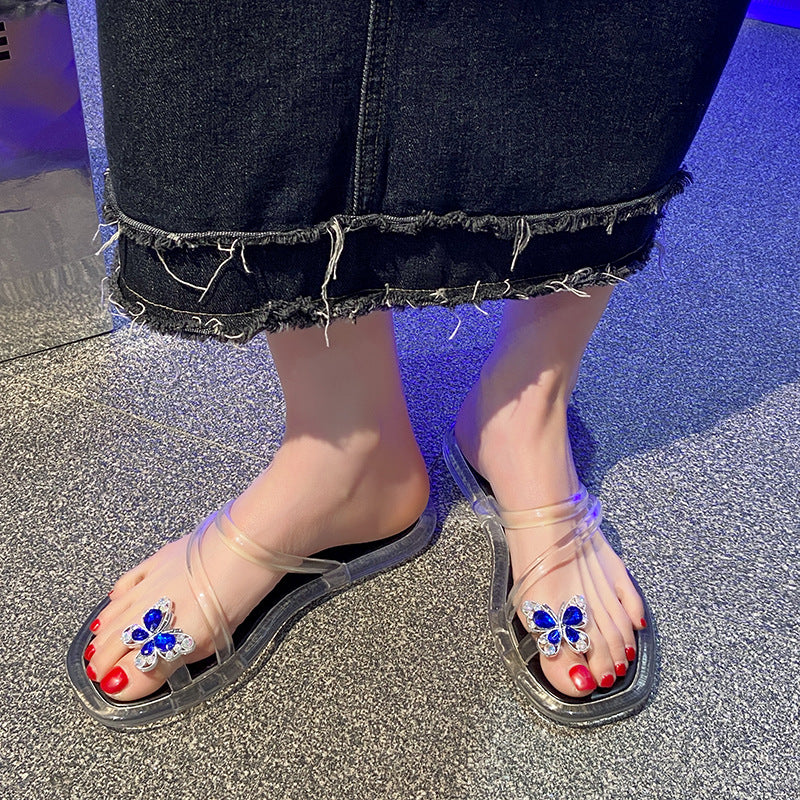 New fashion transparent sapphire butterfly flip-flops women's summer outwear new crystal non-slip popular beach flip-flops