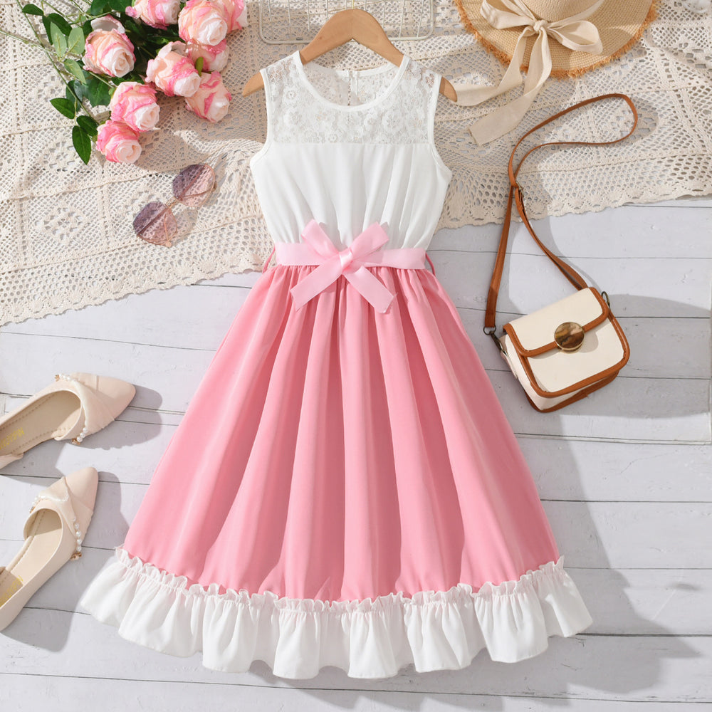 summergirldress sleeveless vest patchwork pink a-line skirt fungus edge hem kids long skirt