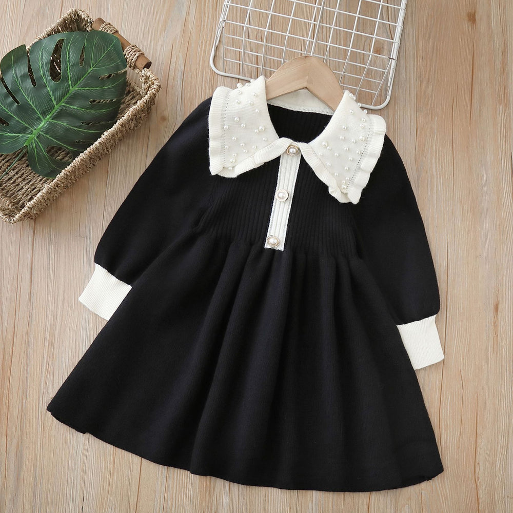 new year's & christmas girls' sweater dress - children's knitted sweater dress with pearl collar, chanel-inspired sweet style