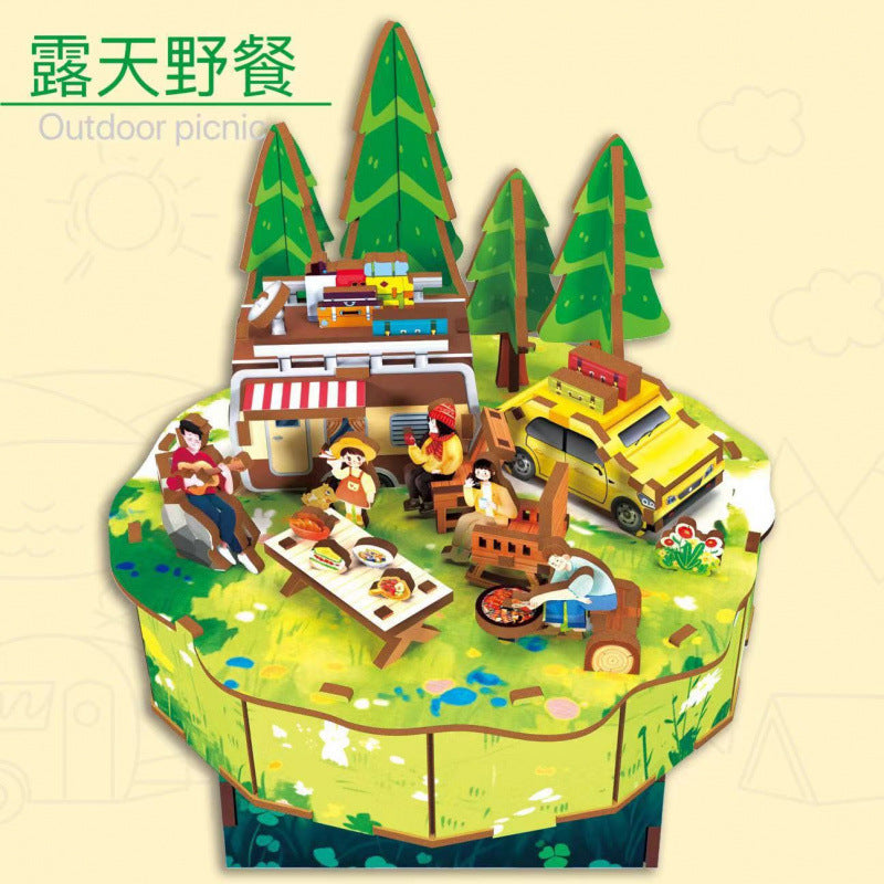 Cross-border export wooden splicing linkage scene educational toy fun smooth wood boy girl wooden music box