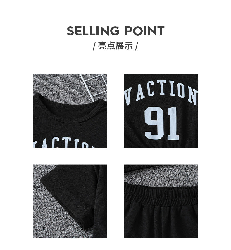 girls' activewear set: black letter print drawstring short-sleeve top and shorts - kids' summer two-piece outfit