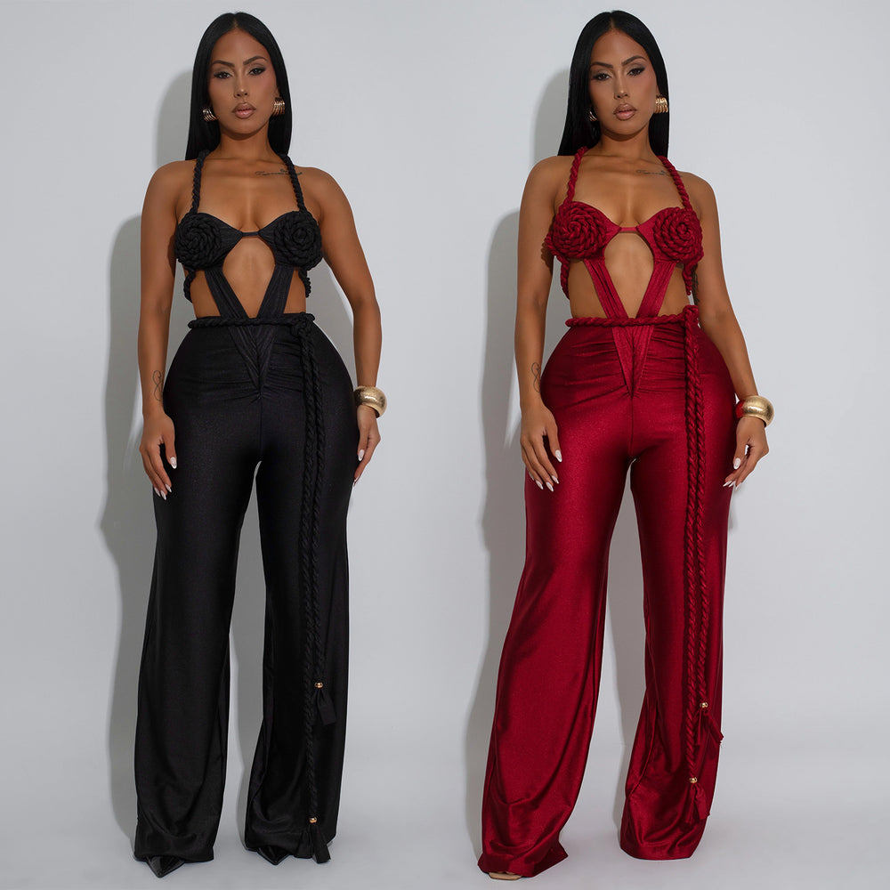 C7557 cross-border   fashion women's solid color sexy bandeau backless tie-up jumpsuit