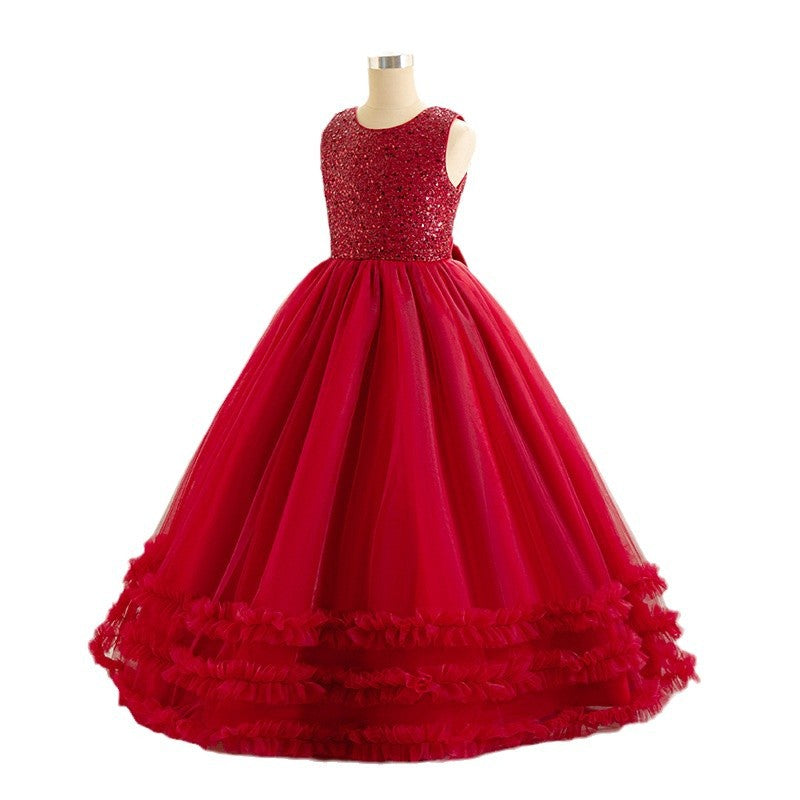 fashion style girl dress red classylong flower girl wedding dress evening dress mesh tutu skirt personalized model