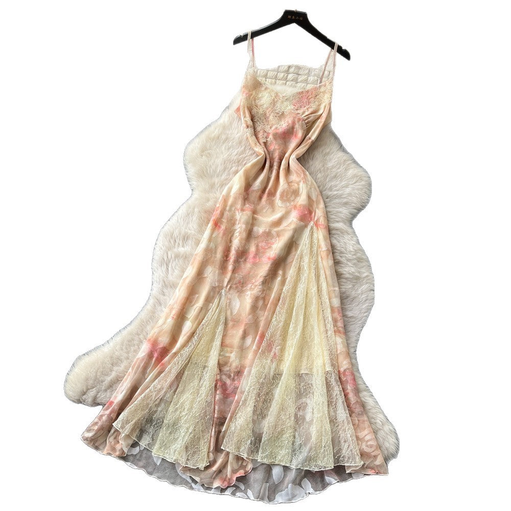 French riviera style pink floral print cami dress - women's summer korean high-waisted sleeveless slimming elegant maxi dress