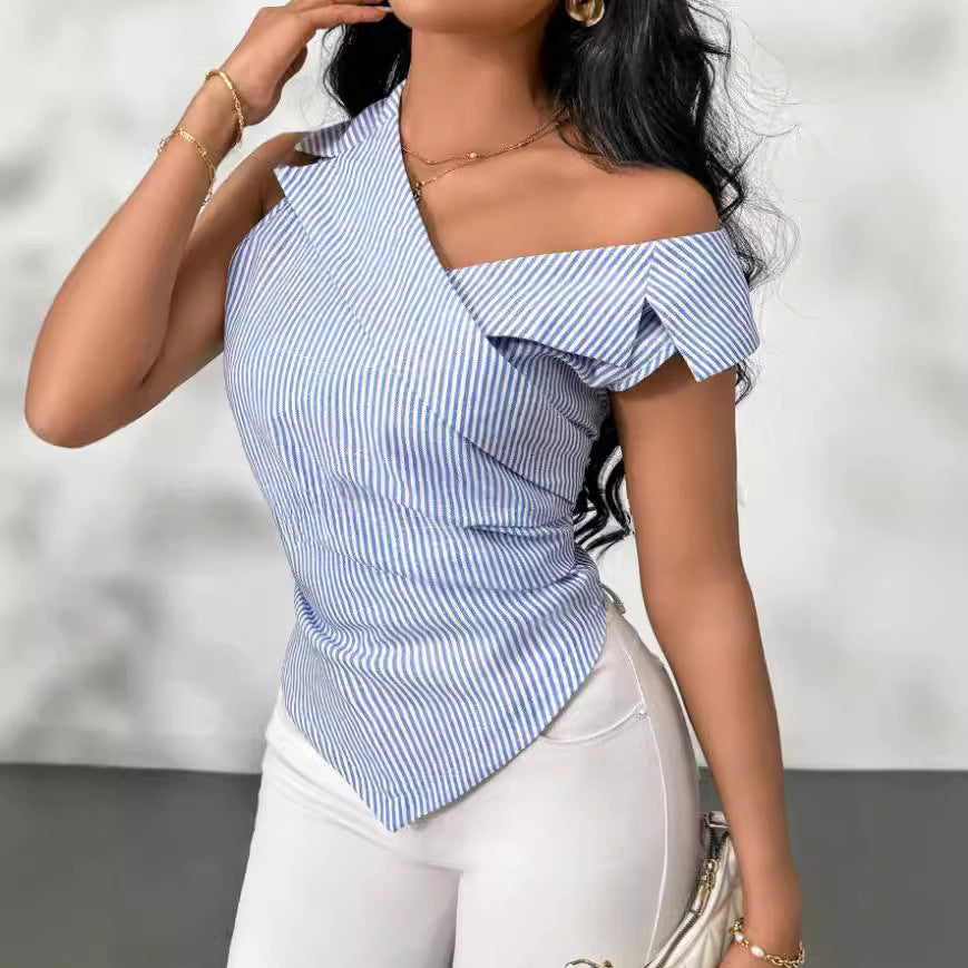 European and american cross-border   new striped design women's summer turn-down collar off-shoulder sleeveless vest