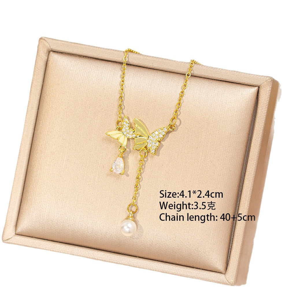 [titanium steel] hot-selling pearl butterfly necklace for women accessible luxuryfashion classy copper micro-inlaid clavicle chain jewelry