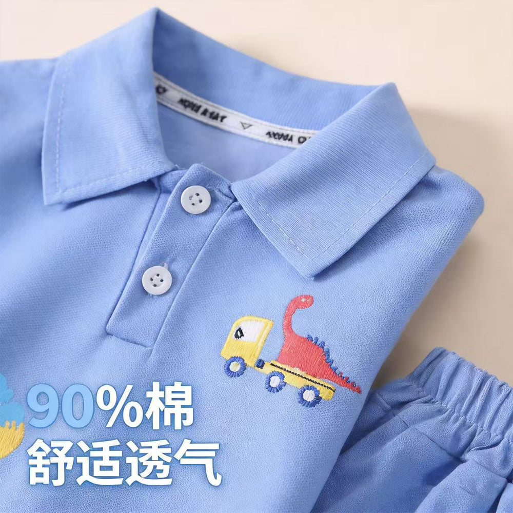 Kids' polo shirt and shorts set - new cotton cartoon car design - boys' solid color top and pants wholesale