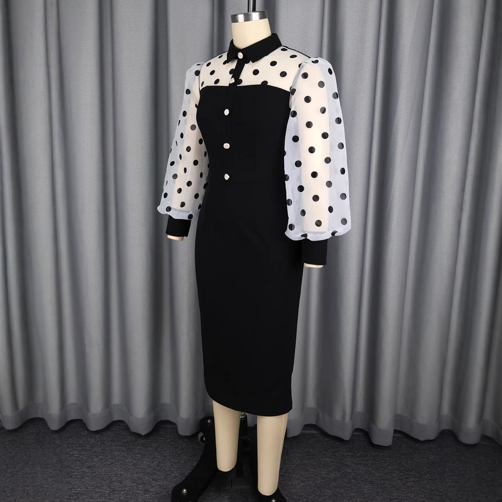 Fashion cross-border plus size polka dot patchwork dress, lapel mesh puff sleeves, see-through silm hip-hugging skirt dress
