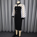 Fashion cross-border plus size polka dot patchwork dress, lapel mesh puff sleeves, see-through silm hip-hugging skirt dress