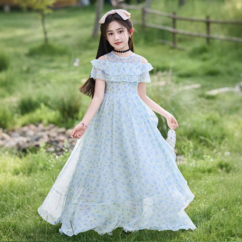 Girls' floral print princess dress - long, chiffon, summer style, new fashion, girls' dress, vacation style, mori girl, pastoral style