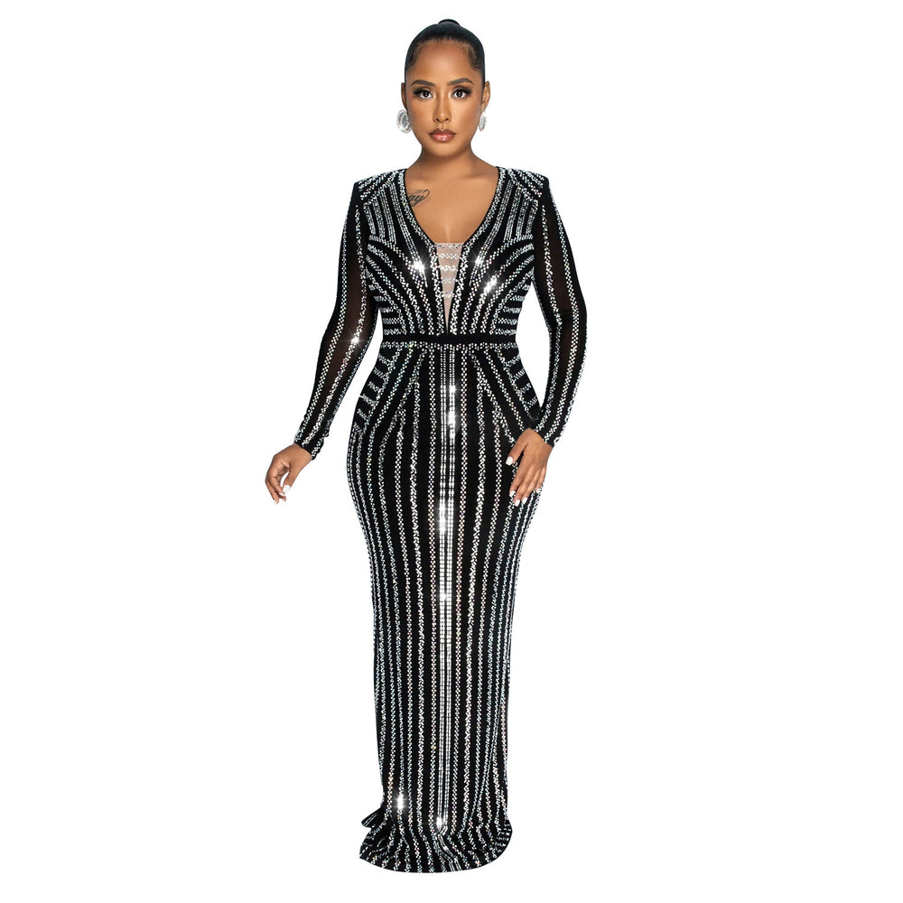C6809 cross-border   fashion women's solid color rhinestone long sleeve slit maxi dress