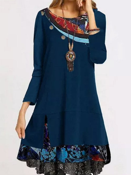 european and american trendy women's lace button fashion print loose long sleeve round neck dress
