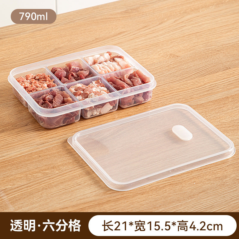 Sealed grid kitchen food storage box transparent food grade vegetable frozen meat sub-packaging refrigerator fresh storage box