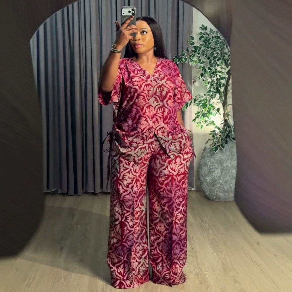 african women's clothing  summer new arrival: elegant v-neck drawstring loose plus size printed top and pants set