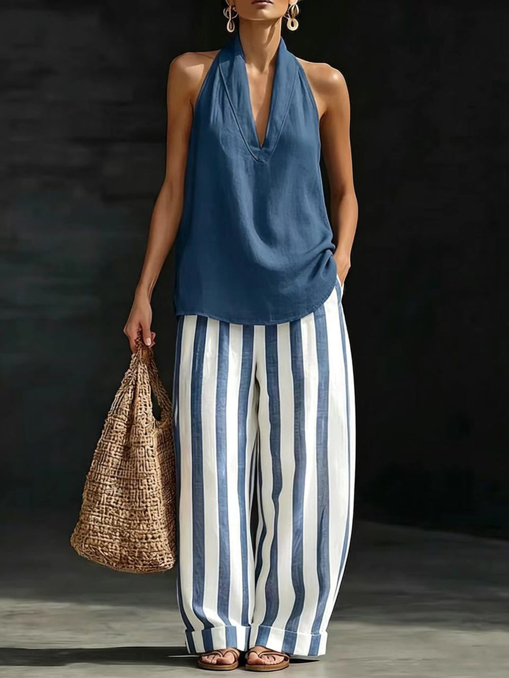 fashion  summer new style halter v neck stripes linen suit holiday style loose pants two