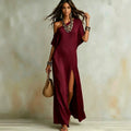 summer european and american cross-border  independent station new arrivalelegance short sleeve cotton and linen pleated slit women's dress