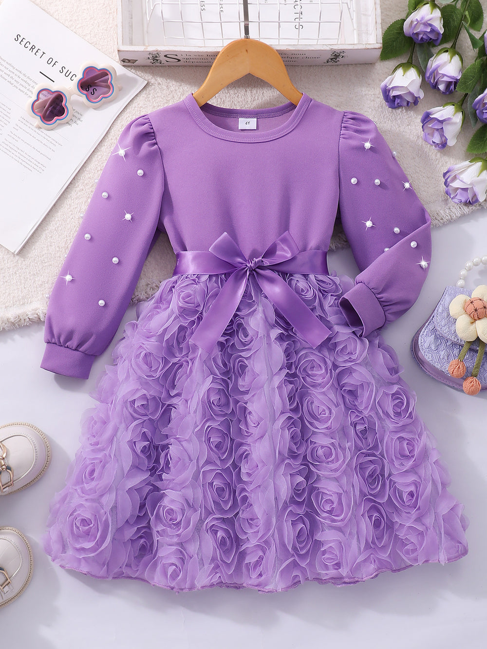 Girls' dress for toddlers and young children, solid color 3d floral pearl long sleeve dress