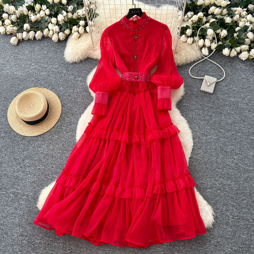 French court style dress - new  collection: exquisite beaded and rhinestone embellishments, cinched waist, lantern sleeves, and a flowing maxi skirt with mesh detailing