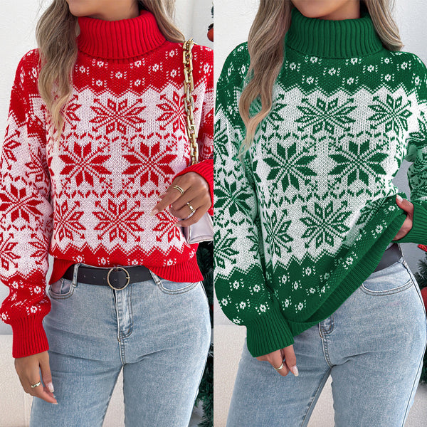 Real autumn and winter European and American snowflake pattern lantern long-sleeved turtleneck pullover sweater,  women's Christmas clothing