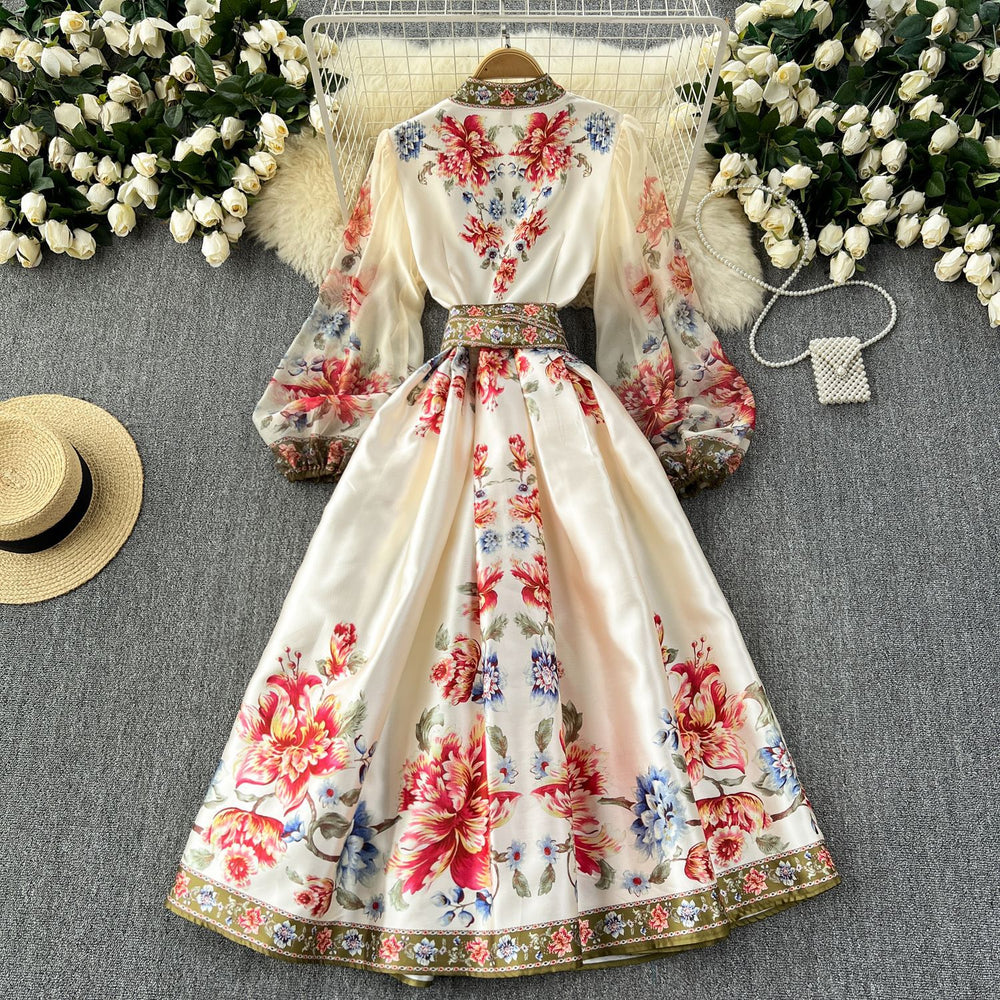French retroelegancedress women's classy palace style printingtie back waist elegant dressfashionlong skirt
