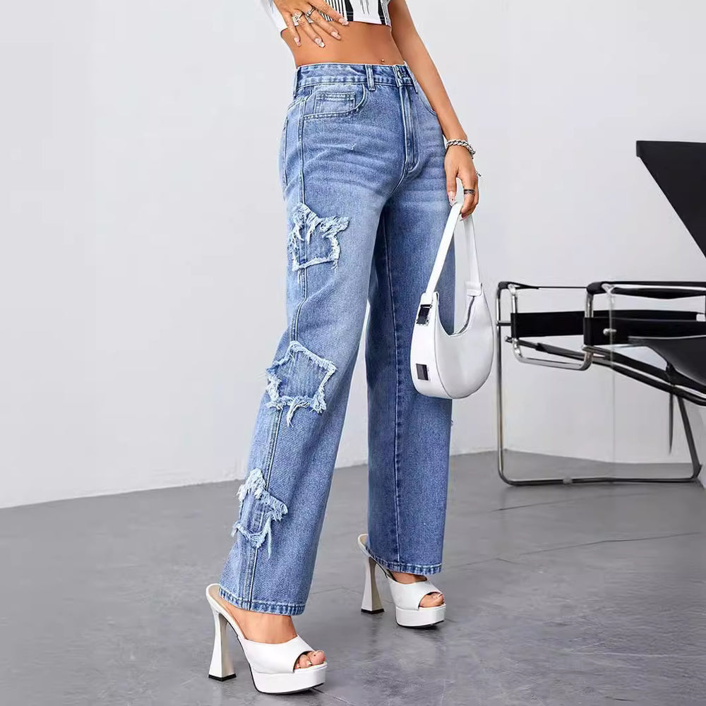 Export star jeans for women new arrival independent station ripped and worn straight-leg pants high waist washed jeans