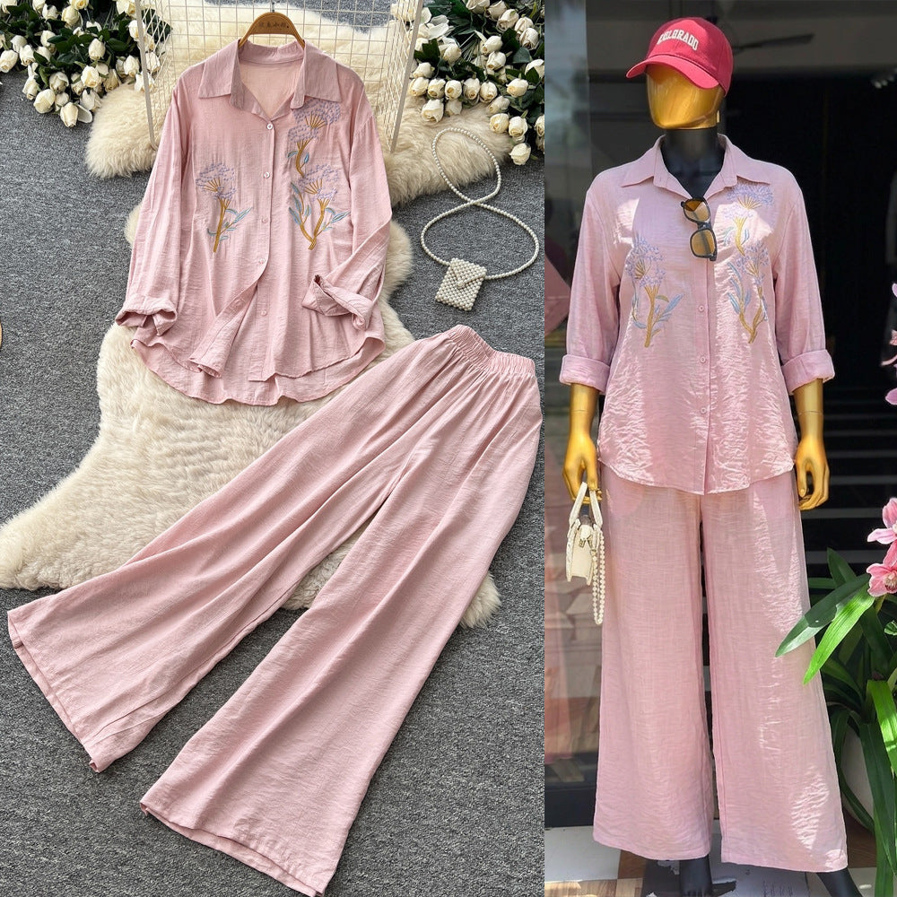 export lazy style embroidered long-sleeve shirt and wide-leg pants two-piece set - women's spring/autumn commute chic fashion outfit