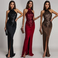 C7602 cross-border   fashion women's sexy slim-fit sequin velvet slit dress