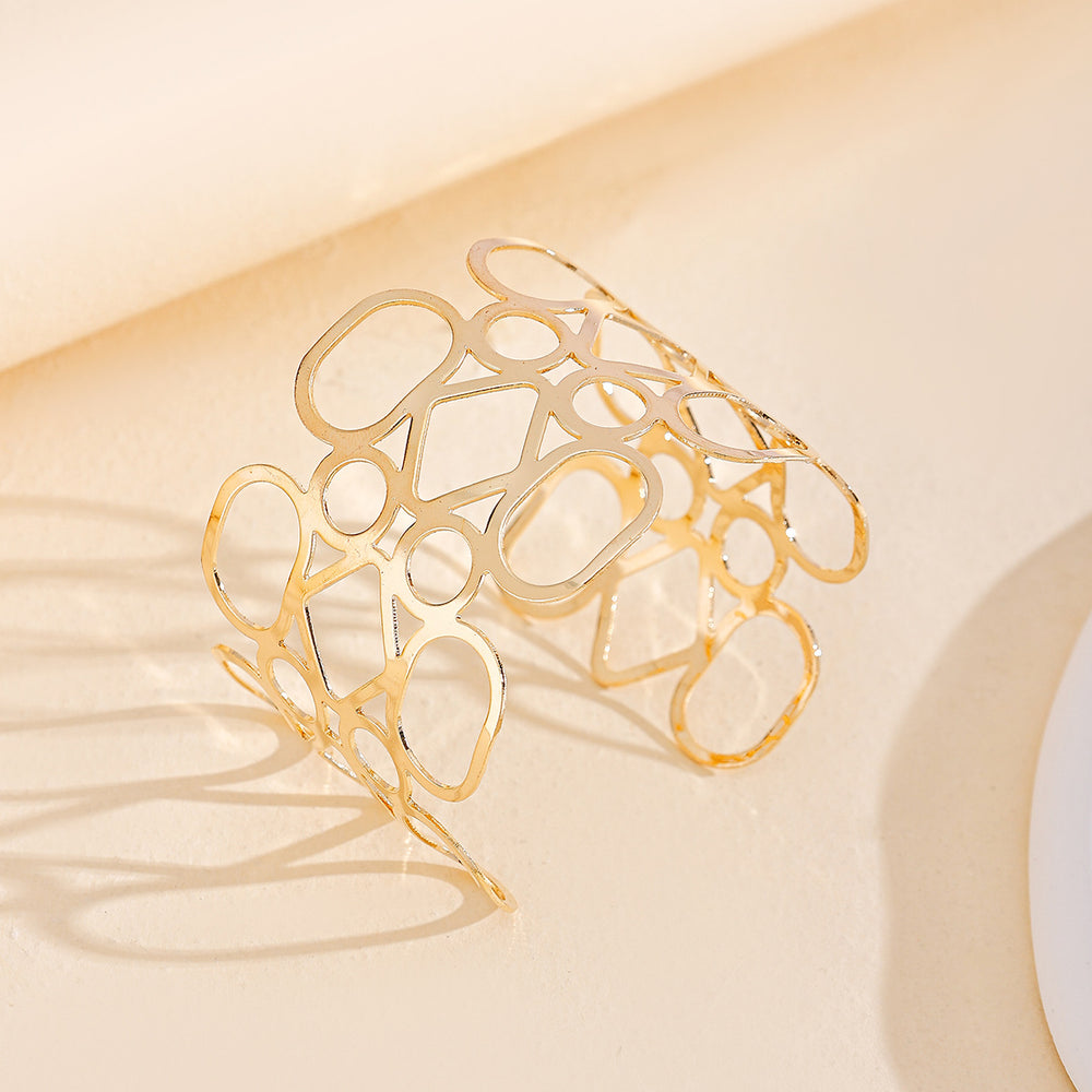 Wholesale hollow-out bangle bracelets - european & american cross-border jewelry, unique polished alloy bangles, high-end wide geometric bracelets for women