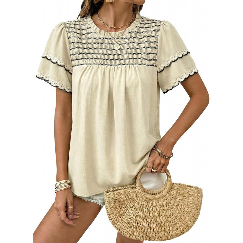 Amazon round neck ruffle short sleeve shirt women's  summer new casual bohemian style top