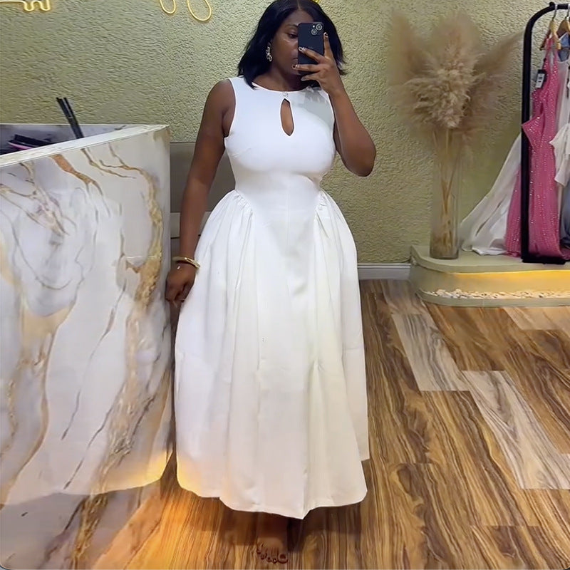 European and american cross-border women's fashion:  spring new arrival - elegant round neck, hollow-out sleeveless, white high-waisted slimming dress