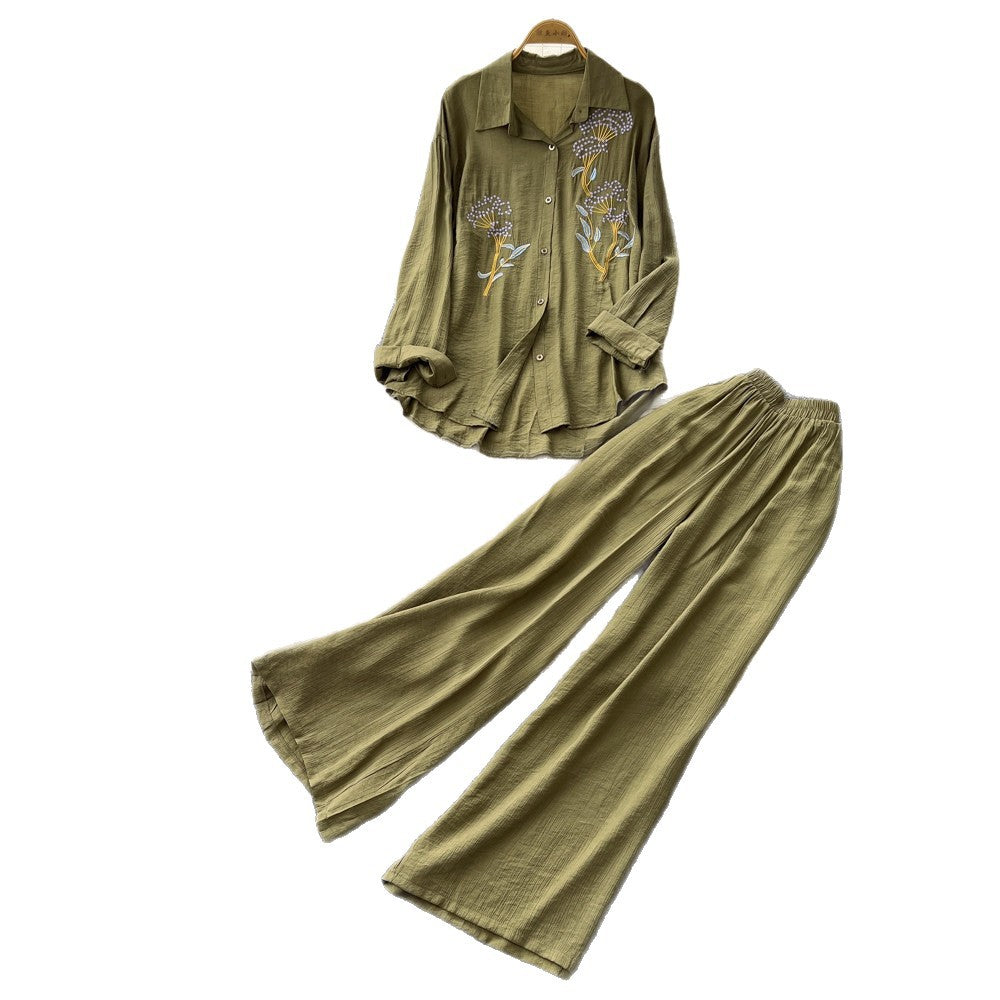 export lazy style embroidered long-sleeve shirt and wide-leg pants two-piece set - women's spring/autumn commute chic fashion outfit