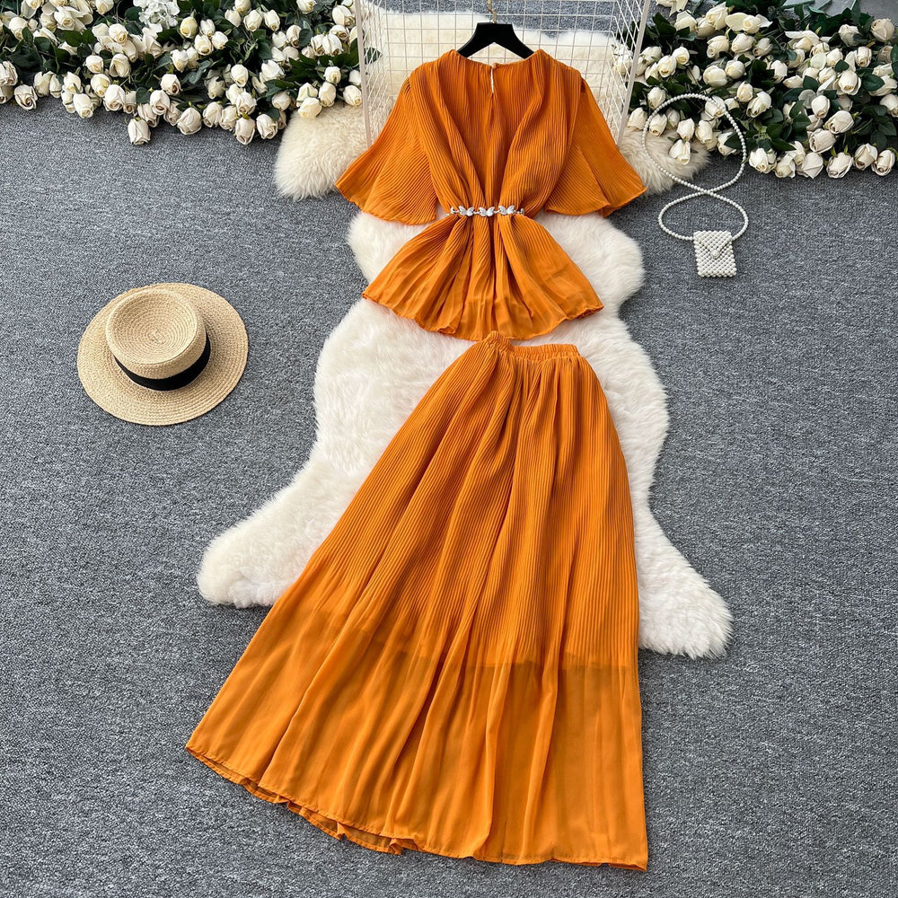 French style women's summer outfit: premium 3d floral tie-waist short-sleeve pleated top + high-waisted midi skirt