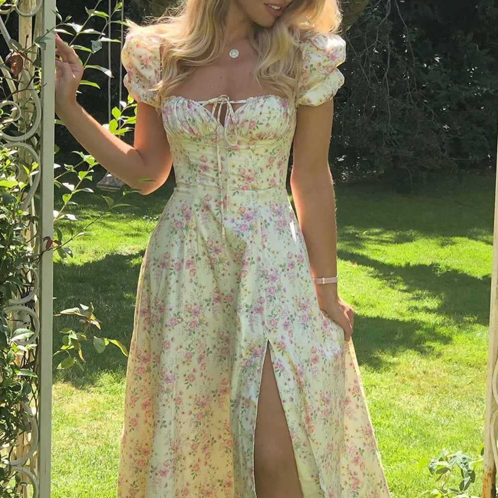 cross-border e-commerce women's fashion: european and american summer new arrivals - french chic floral print spaghetti strap slit dress