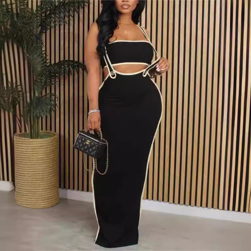 Sexy tube top and suspender hollow long dress set European and American  new fashion belly slim suit