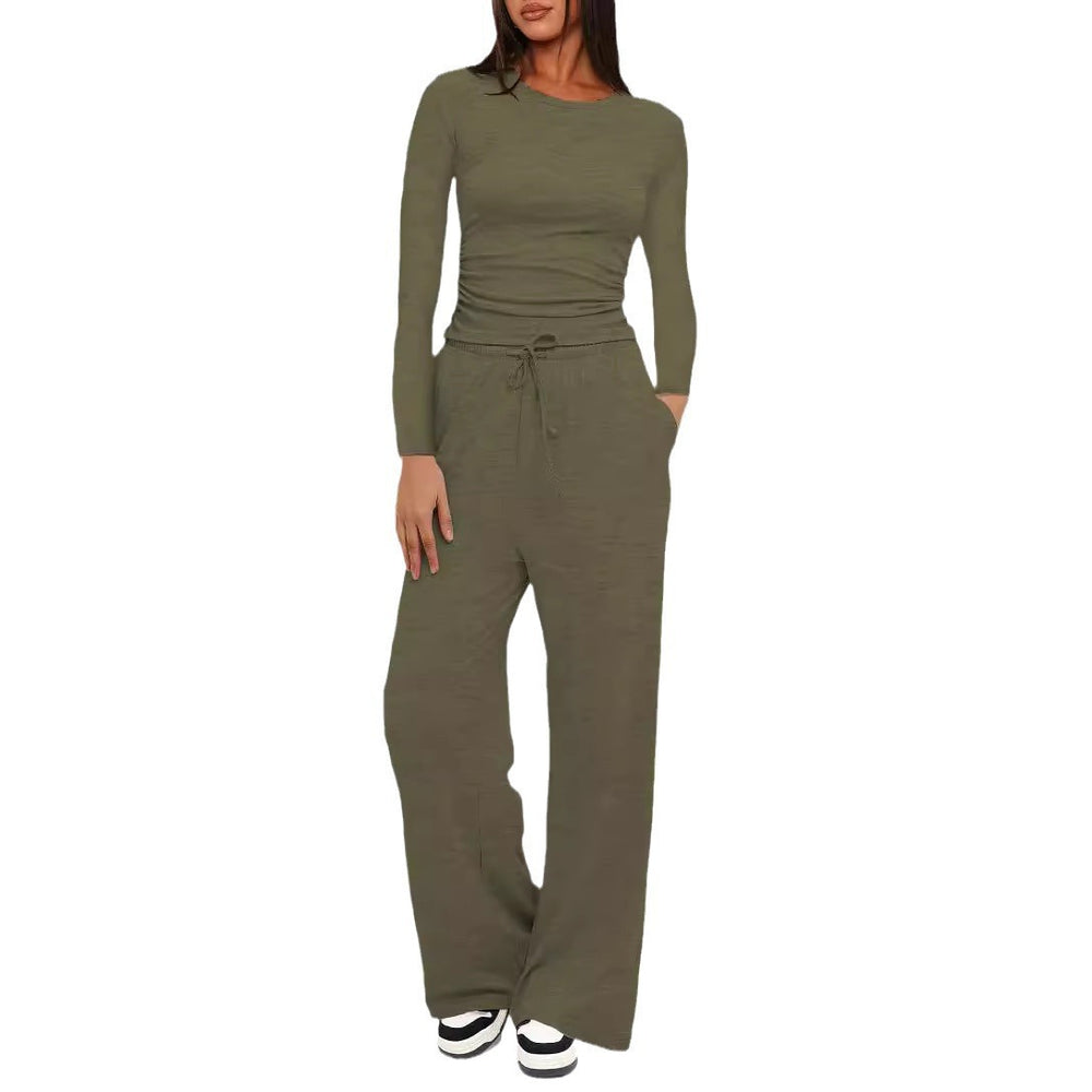 cross-border fashion  new product pure color casuallong sleevessuittopshigh waistloose pants sportswear