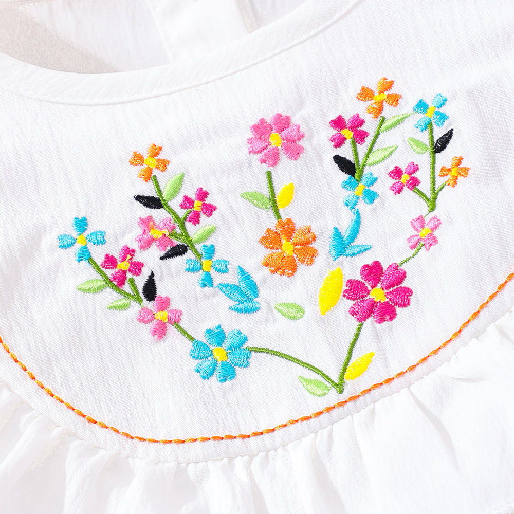 Girls' (toddler) romper, summer round neck embroidered smocked romper